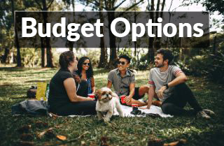 Budget options is written in white text on a background with a group of young people picnicking in the grass with a dog and trees all around.
